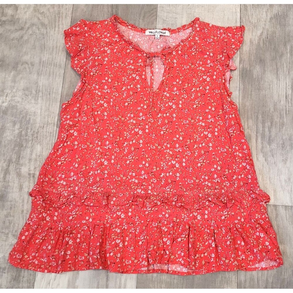 Wallflower Orange Floral Ruffle Short Sleeve V-Neck Tie Blouse XL Tiered Girly